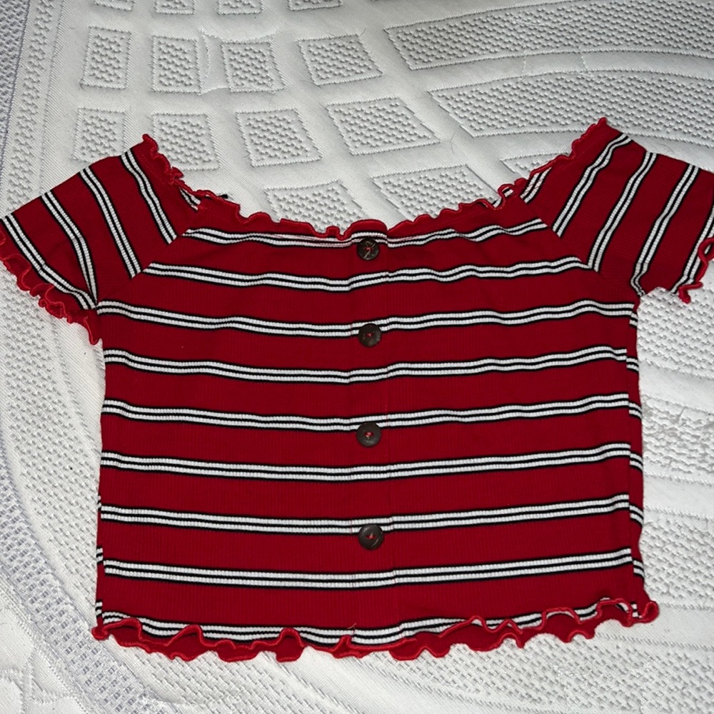 Popular21 white, black and red striped off the shoulder crop top L